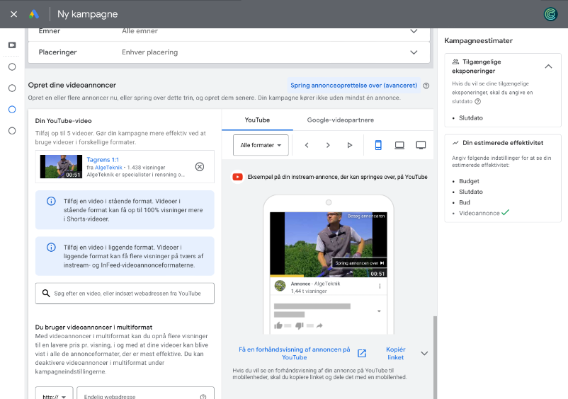 Annonceformat til video i Google Ads