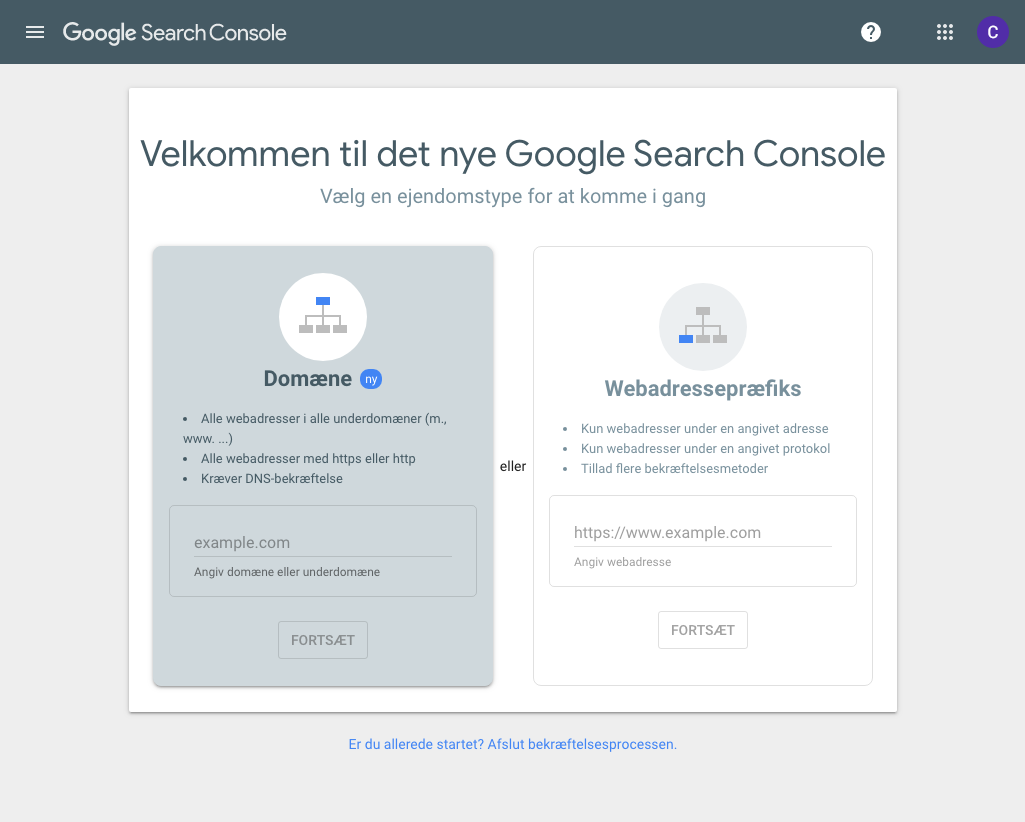 Tilføj domæne til Google Search Console