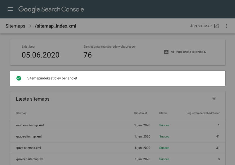 Sitemap behandlet i Google Search Console