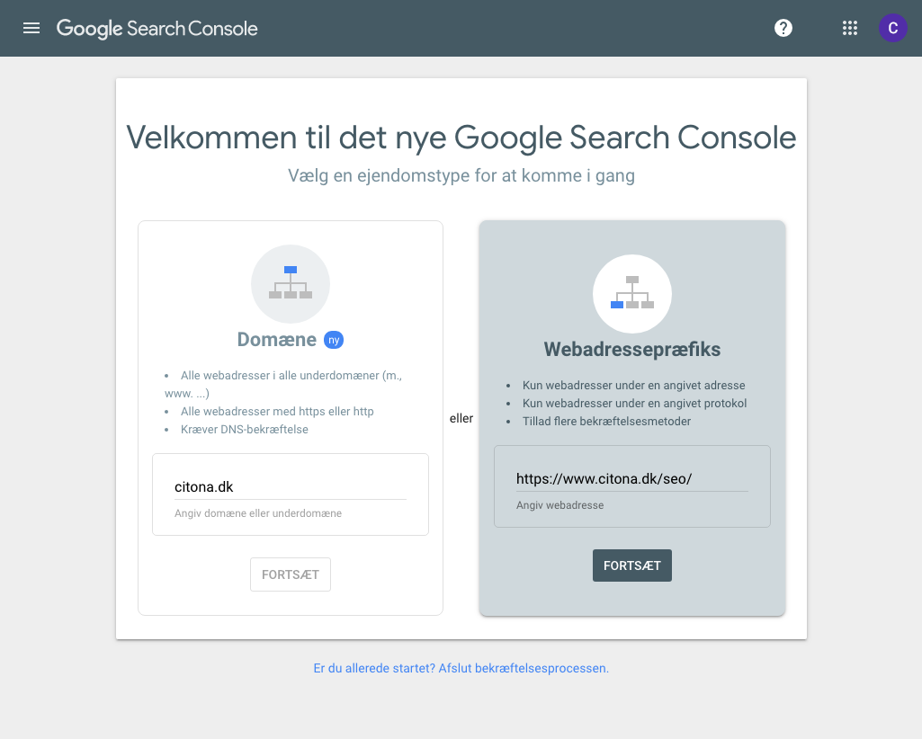 Tilføj webadressepræfiks til Google Search Console