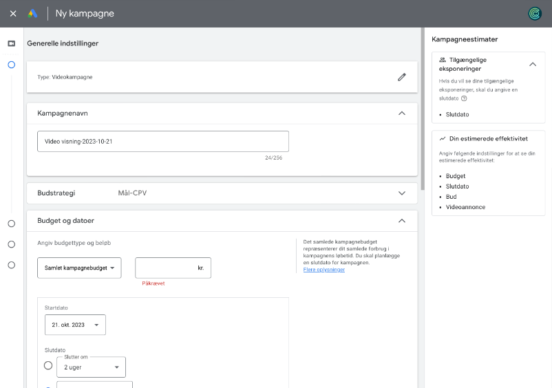 Kampagnebudget til videoannoncer i Google Ads